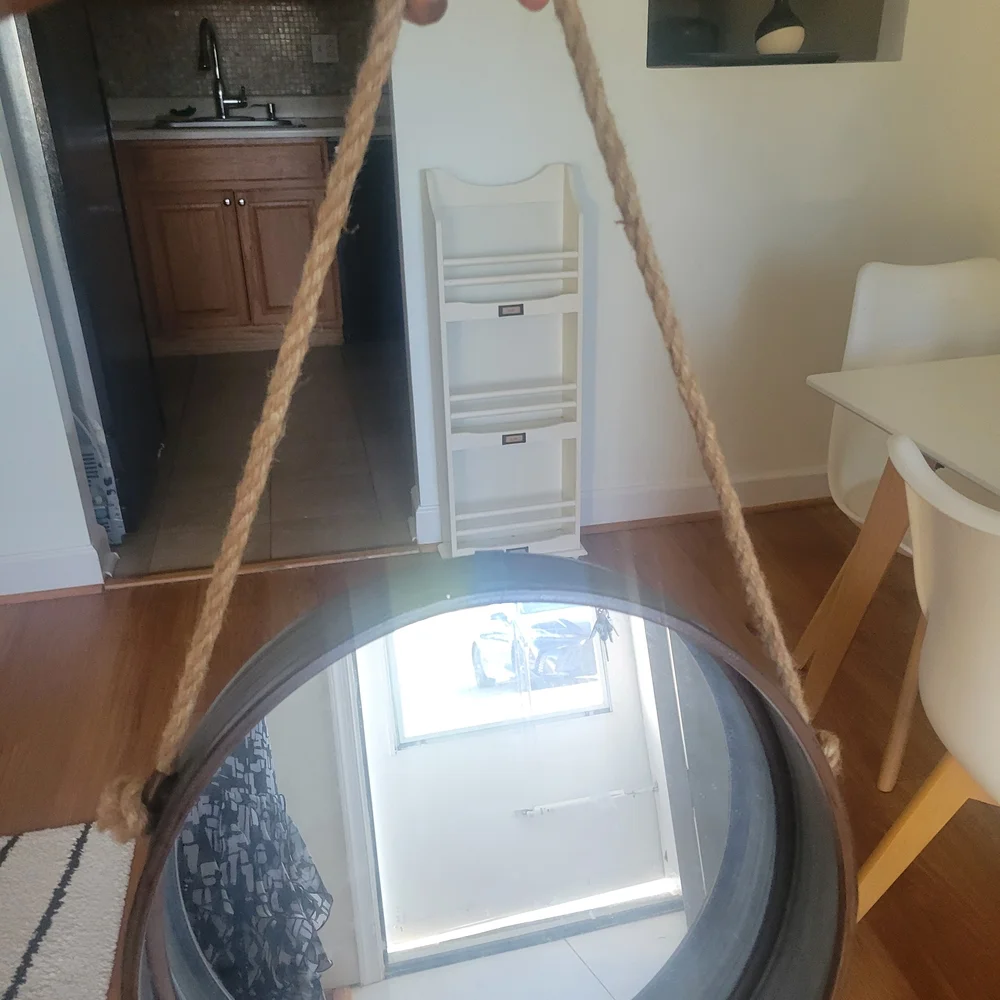 Round Hanging Mirror with Rope - Brown Frame